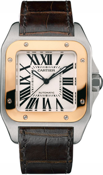 Cartier Santos 100 Stainless Steel 18kt Rose Gold Mens Automatic Wristwatch-W20107X7 Cartier Santos 100 Stainless Steel 18kt Rose Gold Mens Automatic Wristwatch-W20107X7
