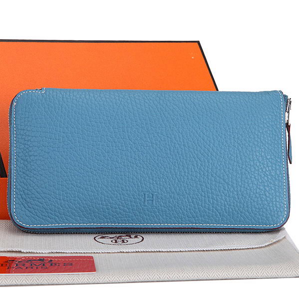 Hermes Zipper Wallet Original Leather A309 Light Blue