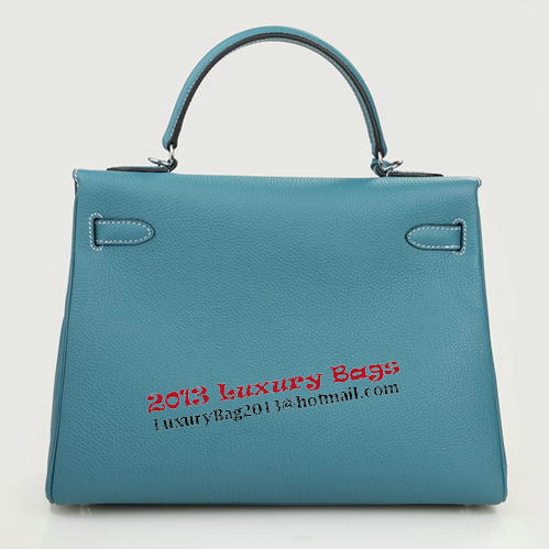 Hermes Kelly 32cm Shoulder Bag Light Blue Original Leather K32 Silver