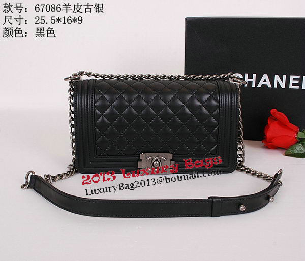 Le Boy Chanel Flap Shoulder Bag Black Sheepskin Leather CHA67086 Silver