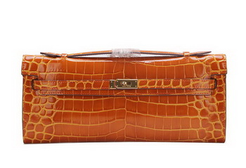Hermes Kelly Clutch Bag Croco Leather K1002 Brown