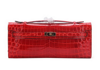 Hermes Kelly Clutch Bag Croco Leather K1002 Red
