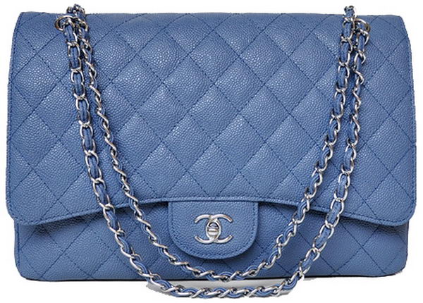 Chanel Maxi Quilted Classic Flap Bag Blue Cannage Patterns A58601 Silver