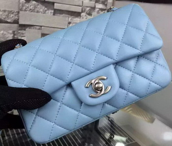 Chanel Classic mini Flap Bag SkyBlue Sheepskin Leather A67350 Silver