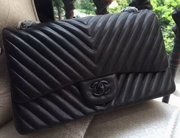 Chanel Classic Flap Bag Black Sheepskin Chevron Quilting A1113 Silver Chanel Classic Flap Bag Black Sheepskin Chevron Quilting A1113 Silver