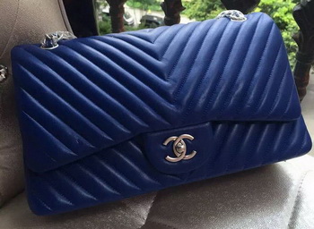 Chanel Classic Flap Bag Blue Sheepskin Chevron Quilting A1113 Silver Chanel Classic Flap Bag Blue Sheepskin Chevron Quilting A1113 Silver