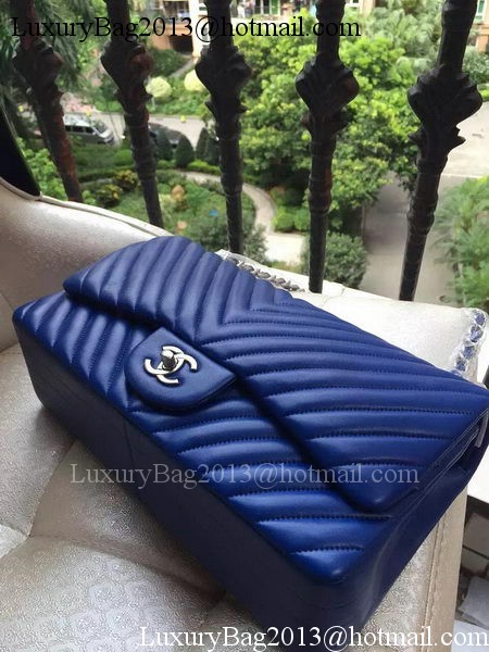 Chanel Classic Flap Bag Blue Sheepskin Chevron Quilting A1113 Silver