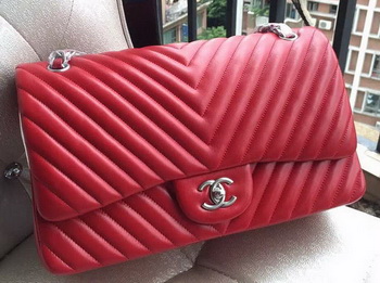 Chanel Classic Flap Bag Red Sheepskin Chevron Quilting A1113 Silver Chanel Classic Flap Bag Red Sheepskin Chevron Quilting A1113 Silver