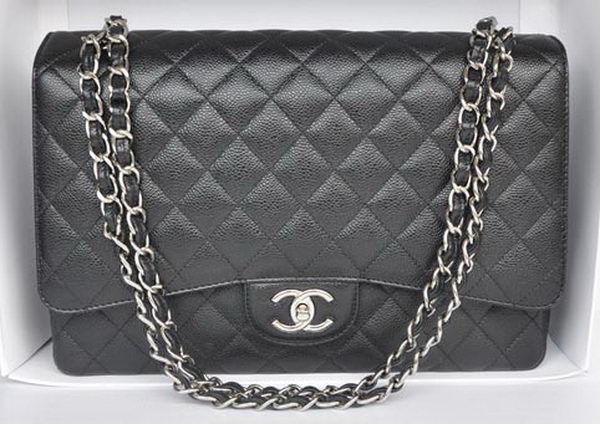 Chanel Maxi Classic Bag A36098 Black Cannage Pattern Silver