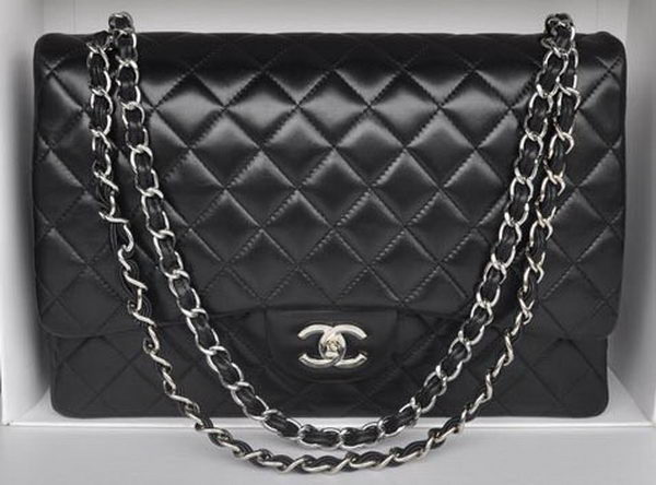 Chanel Maxi Classic Bag A36098 Black Sheepskin Silver