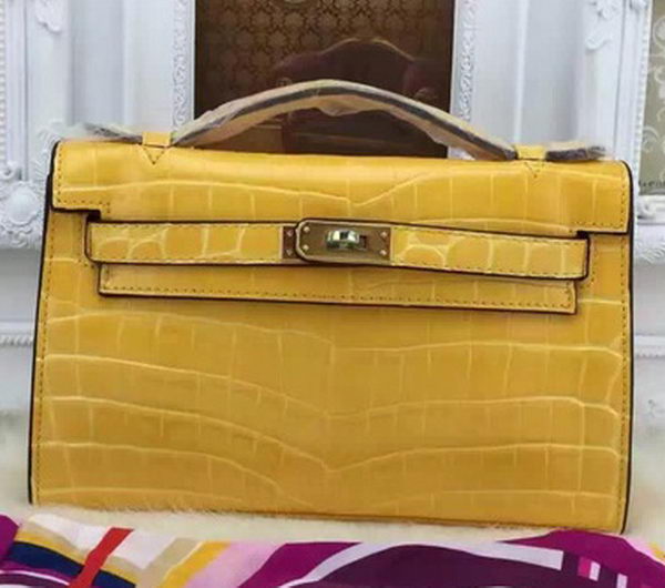 Hermes MINI Kelly 22cm Tote Bag Croco Leather KL22 Yellow