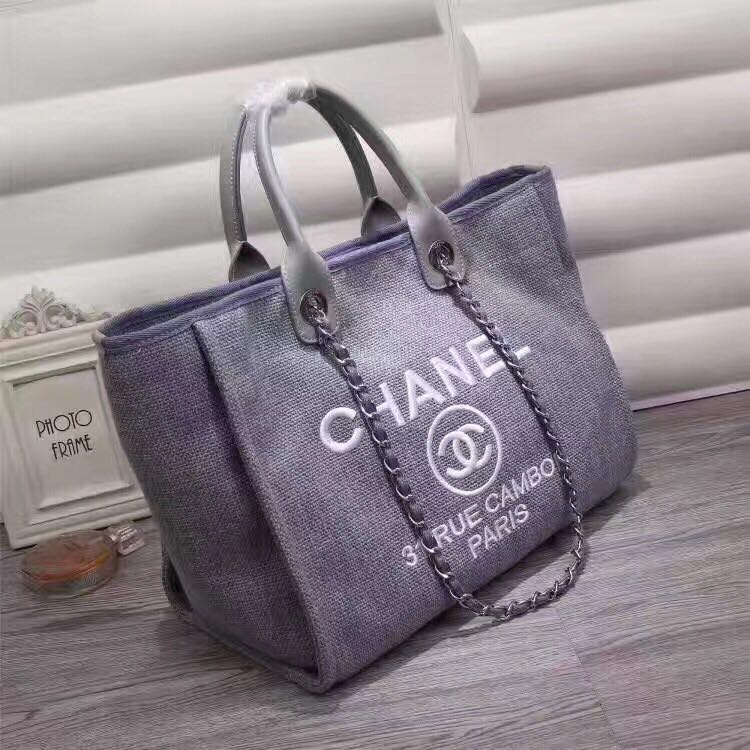 Chanel Canvas Leather Tote Shopping Bag Blue A1679 Chanel Canvas Leather Tote Shopping Bag Blue A1679