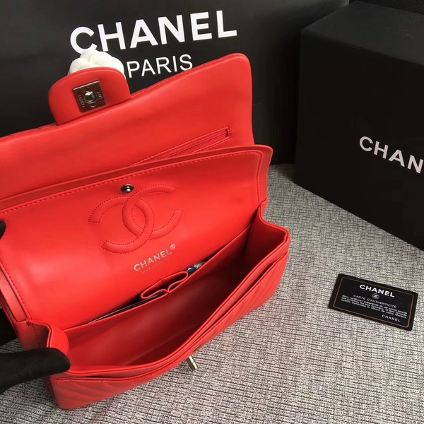 Chanel Flap Shoulder Bags Red Original Sheepskin CF1112 Silver