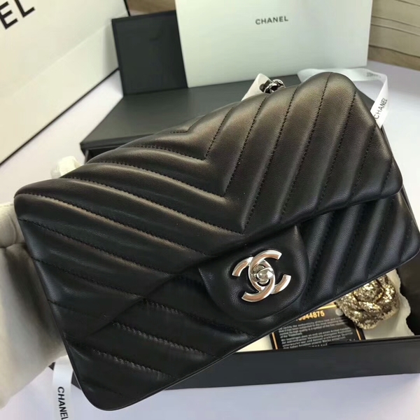 Chanel Classic Flap Bags Black Original Sheepskin Leather 1116 Silver Chanel Classic Flap Bags Black Original Sheepskin Leather 1116 Silver