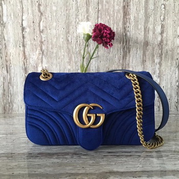 Gucci 443497 GG Marmont Chevron Velvet Shoulder Bag Blue