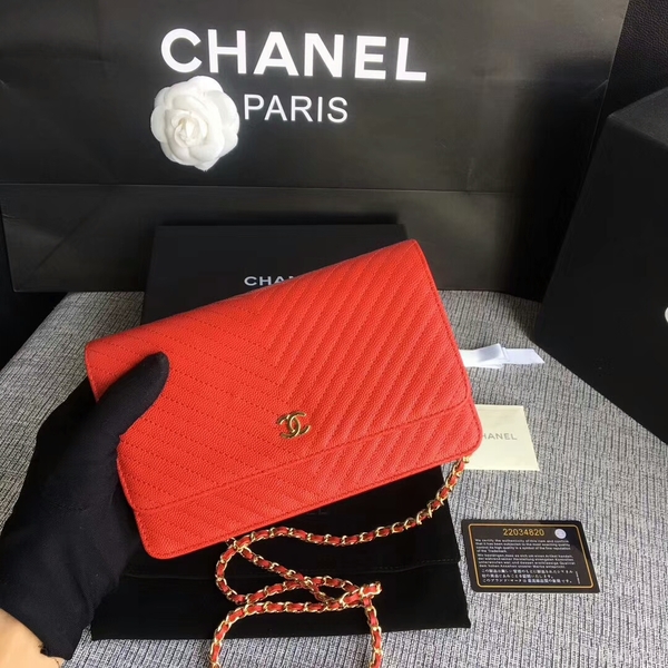 Chanel WOC Flap Shoulder Bag Red Calfskin Leather A33814 Gold Chanel WOC Flap Shoulder Bag Red Calfskin Leather A33814 Gold