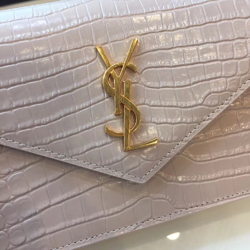 Yves Saint Laurent Monogramme crocodile-embossed leather cross-body bag 2570 pink