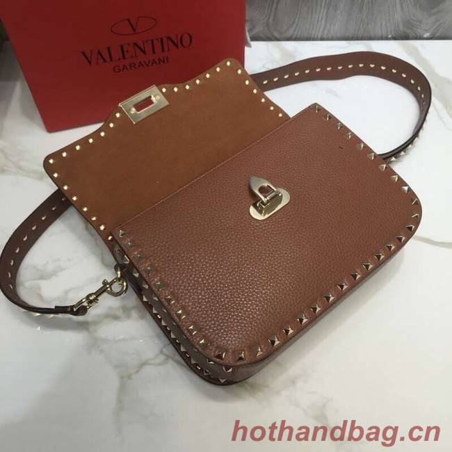 VALENTINO Rockstud grained leather messenger 0936B brown
