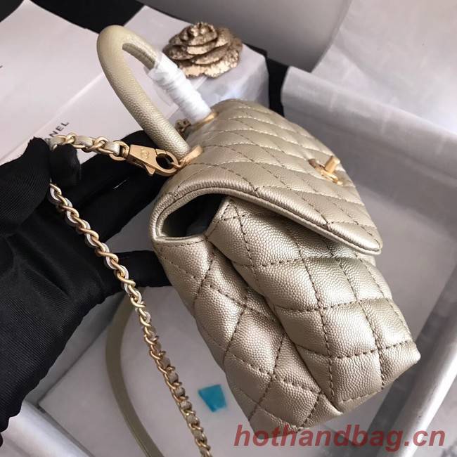 Chanel original Caviar leather flap bag top handle A92290 Light gold&Gold-Tone Metal