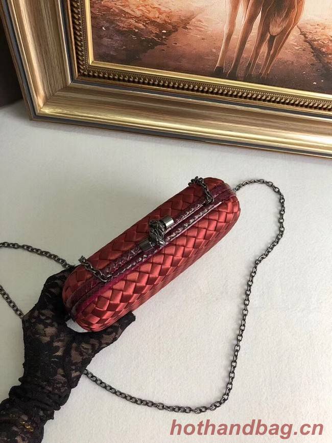 BOTTEGA VENETA Knot snakeskin-trimmed satin clutch 62548 Burgundy