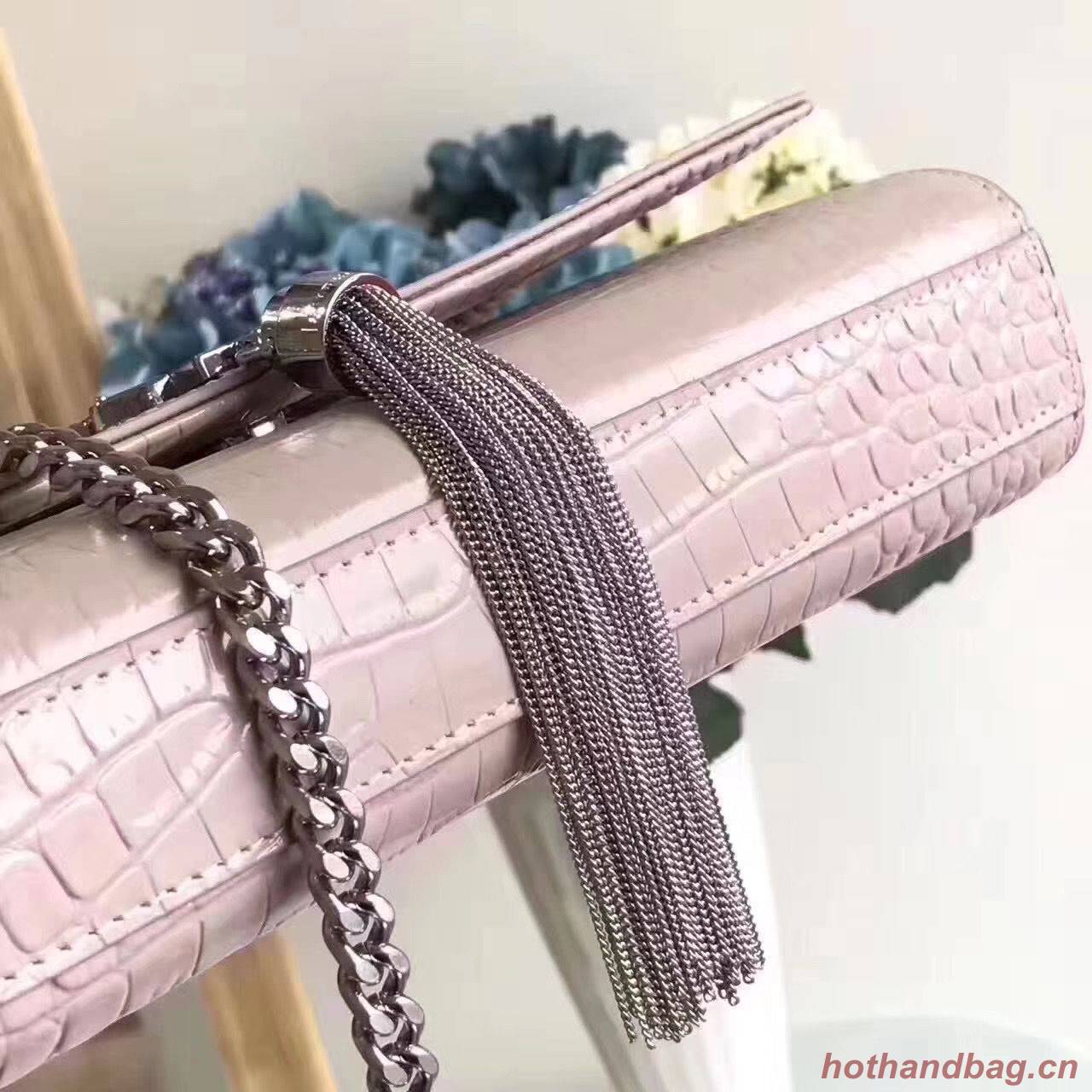 Yves Saint Laurent Crocodile Original Leather Shoulder Bag 1456 Pink&Silver Yves Saint Laurent Crocodile Original Leather Shoulder Bag 1456 Pink&Silver