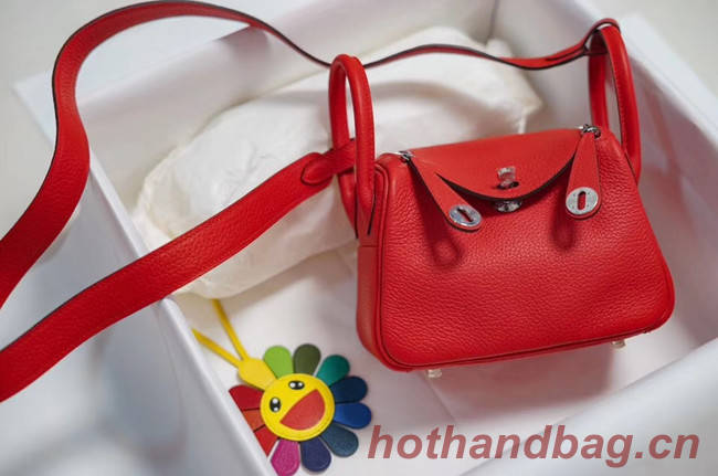 Hermes mini Lindy Togo Leather Bag LD19 red&Silver-Tone Metal