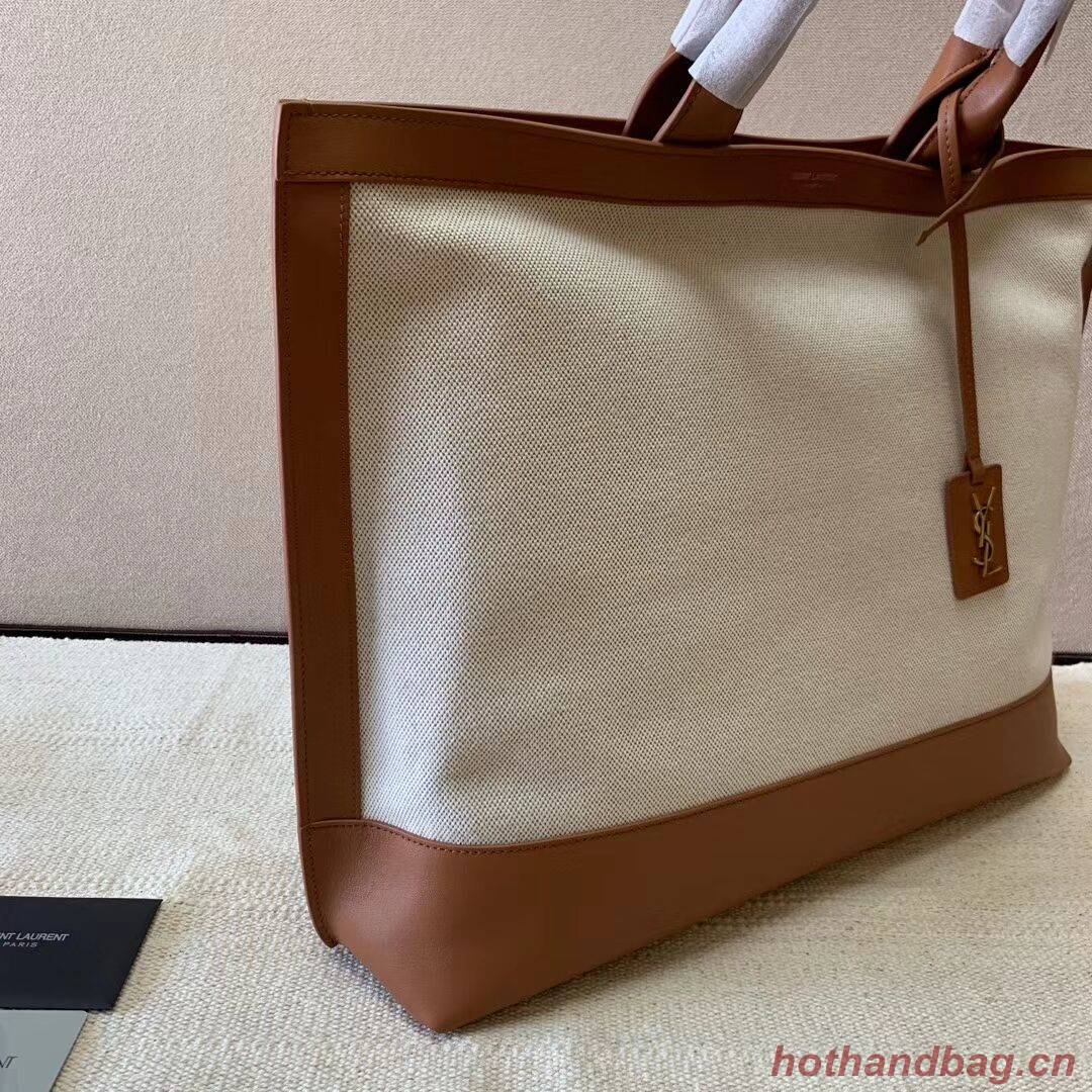Yves Saint Laurent SHOPPING TAG IN CANVAS AND LEATHER Y615719 brown&white