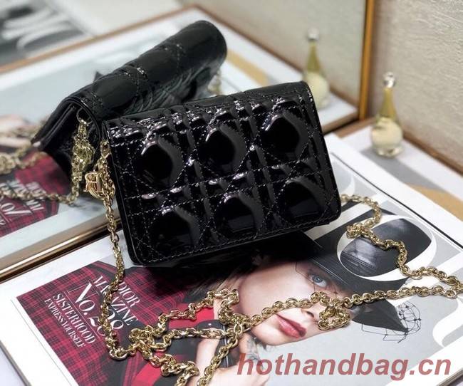 LADY DIOR 5-GUSSET CARD HOLDER WITH CHAIN Patent Cannage Calfskin S0859 black