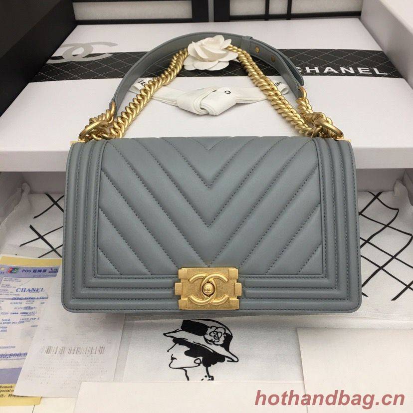 Boy Chanel Flap Bag Original Chevron Leather Gray A67086V Frosted Golden Buckle