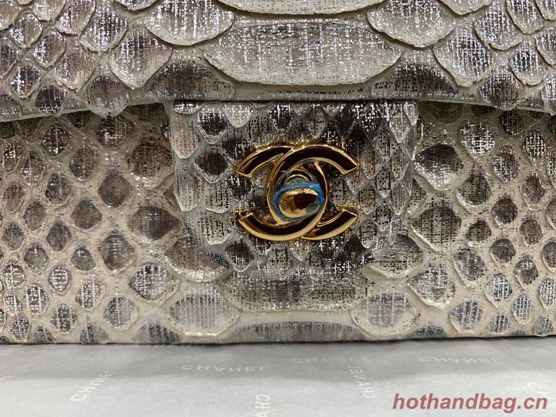 Chanel Classic Handbag Python Leather Silver A01112 Gold Hardware Chanel Classic Handbag Python Leather Silver A01112 Gold Hardware