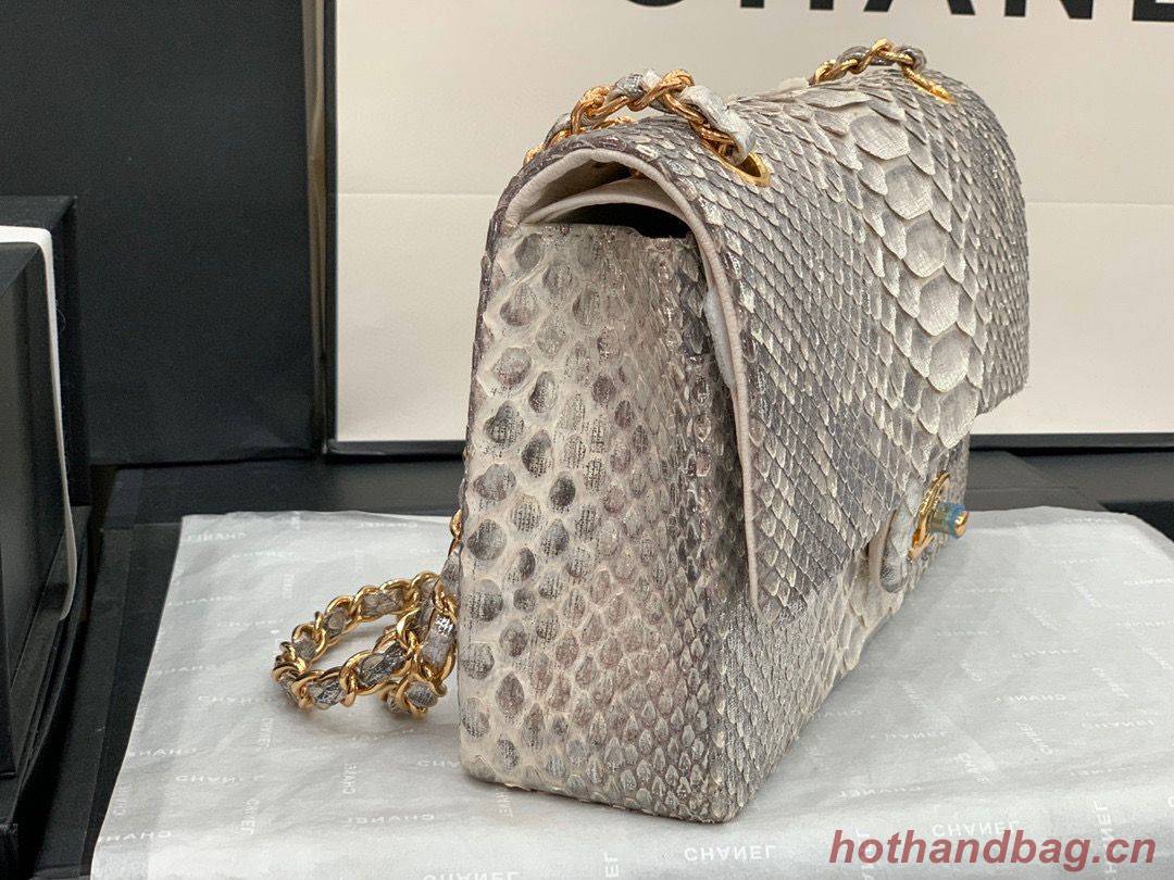 Chanel Classic Handbag Python Leather Silver A01112 Gold Hardware Chanel Classic Handbag Python Leather Silver A01112 Gold Hardware
