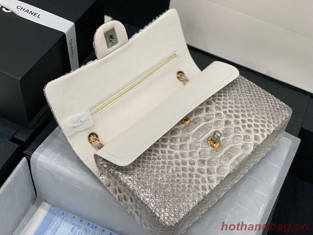 Chanel Classic Handbag Python Leather Silver A01112 Gold Hardware Chanel Classic Handbag Python Leather Silver A01112 Gold Hardware