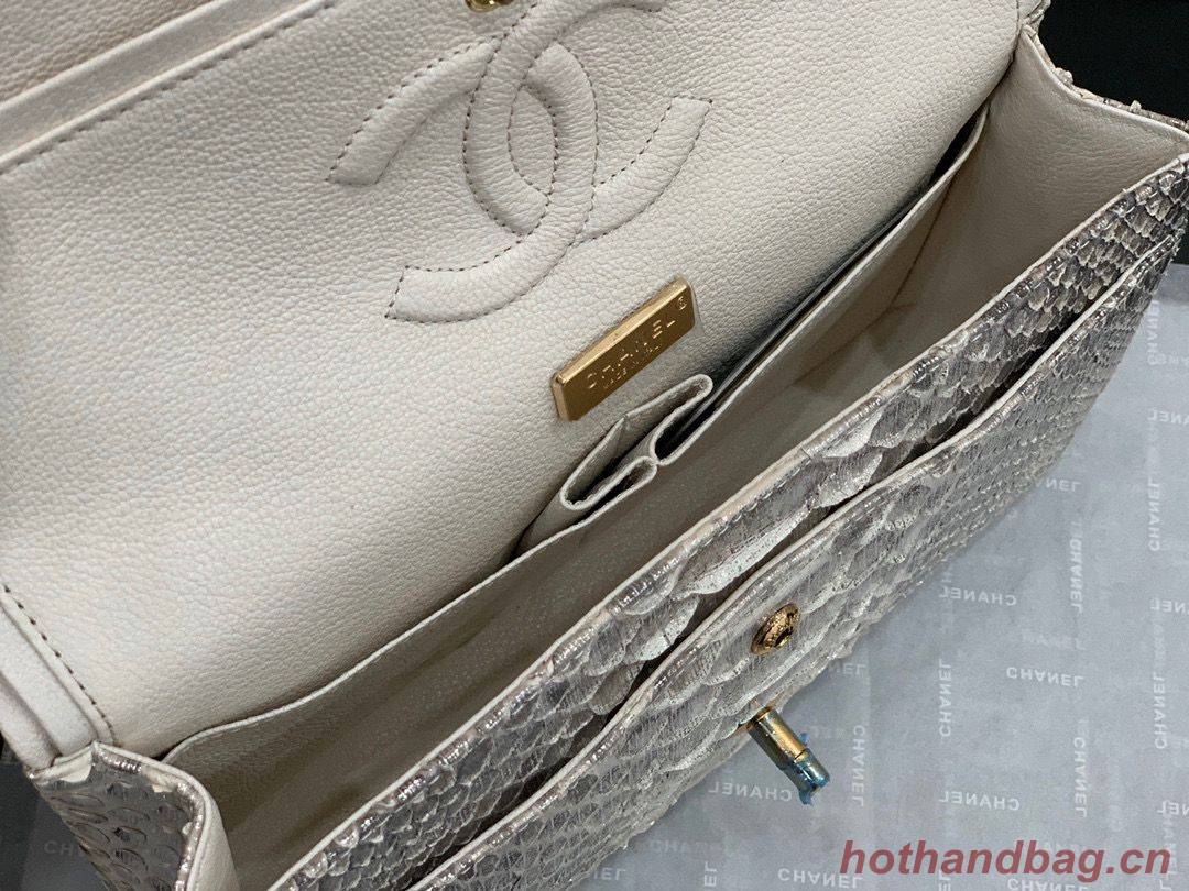 Chanel Classic Handbag Python Leather Silver A01112 Gold Hardware Chanel Classic Handbag Python Leather Silver A01112 Gold Hardware