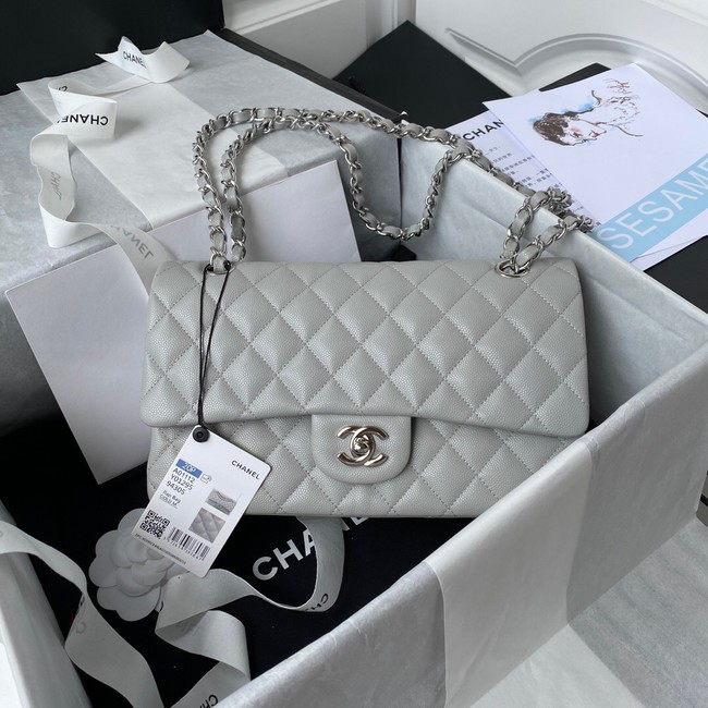 Chanel Flap Shoulder Bag Grained Calfskin A01112 silver-Tone Metal light grey