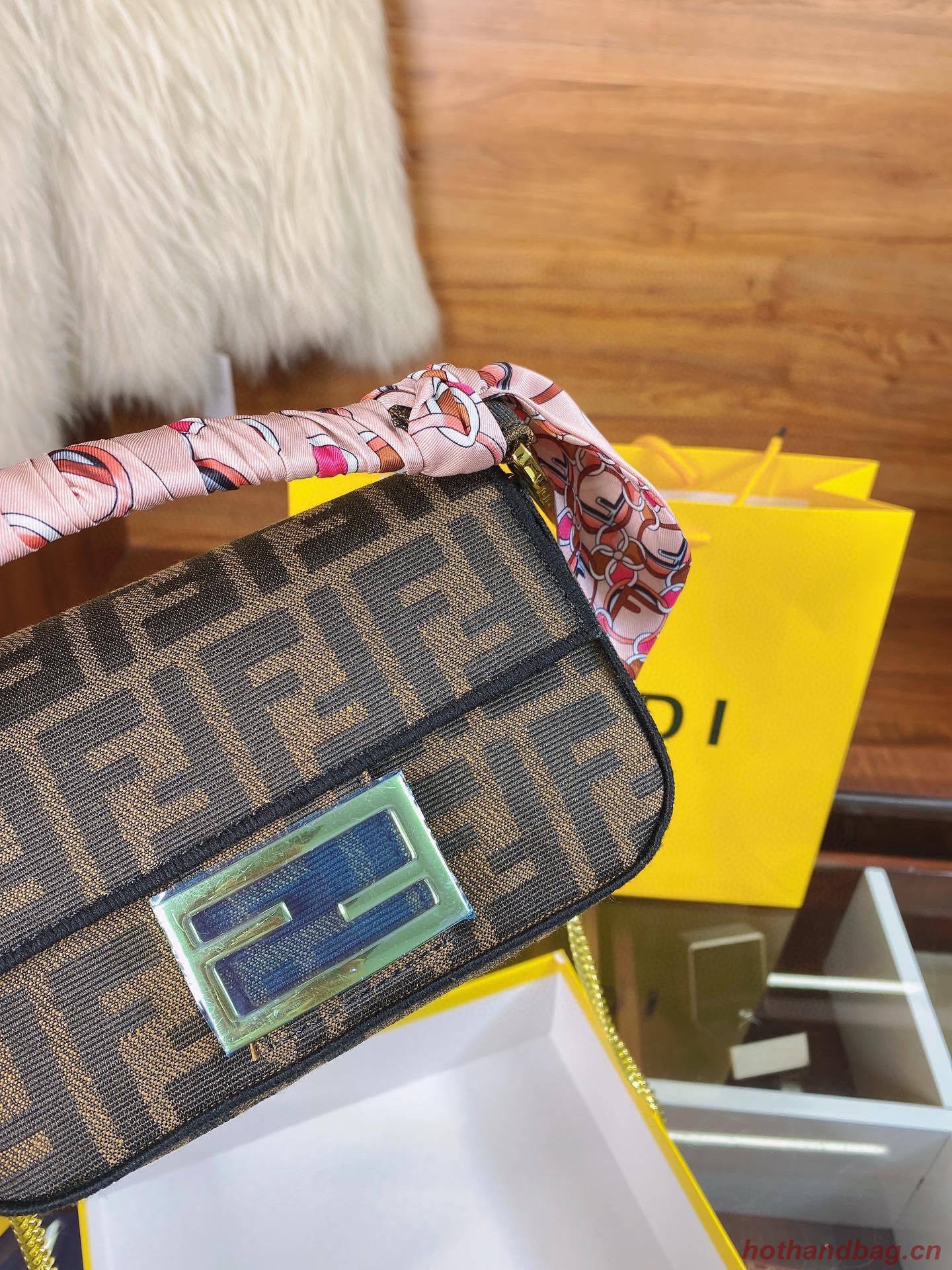 FENDI MINI BAGUETTE CHAIN FF fabric bag 8852 brown FENDI MINI BAGUETTE CHAIN FF fabric bag 8852 brown