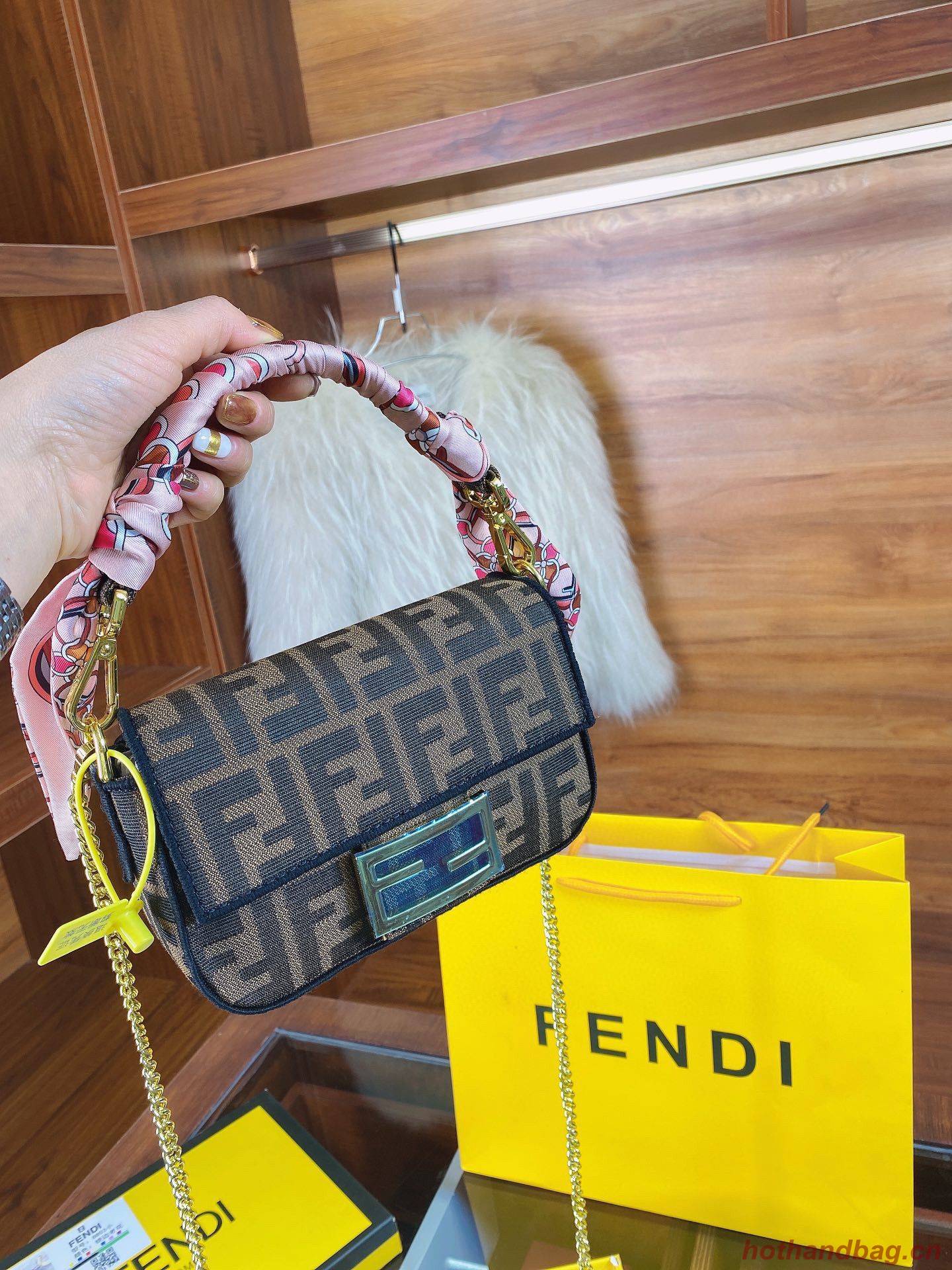FENDI MINI BAGUETTE CHAIN FF fabric bag 8852 brown FENDI MINI BAGUETTE CHAIN FF fabric bag 8852 brown