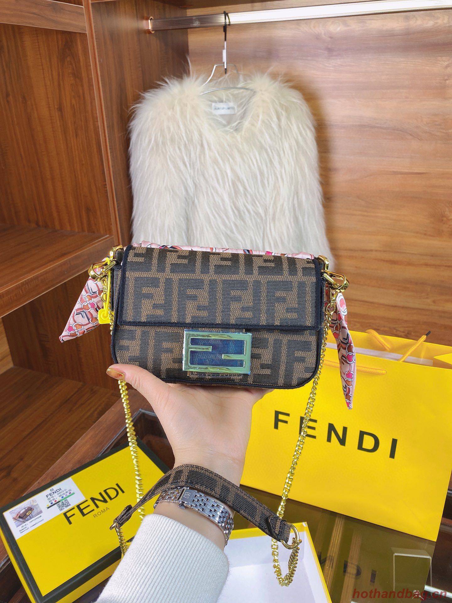 FENDI MINI BAGUETTE CHAIN FF fabric bag 8852 brown FENDI MINI BAGUETTE CHAIN FF fabric bag 8852 brown