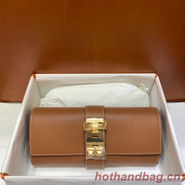 Hermes H Medor swift Leather Clutch 37566 brown&gold hardware