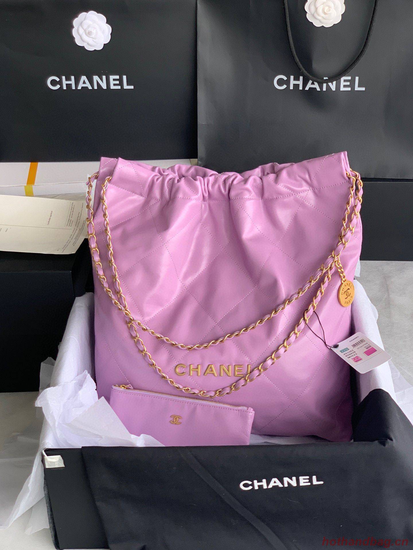 CHANEL 22 HANDBAG Shiny Calfskin & Gold-Tone Metal AS3262 Purple CHANEL 22 HANDBAG Shiny Calfskin & Gold-Tone Metal AS3262 Purple