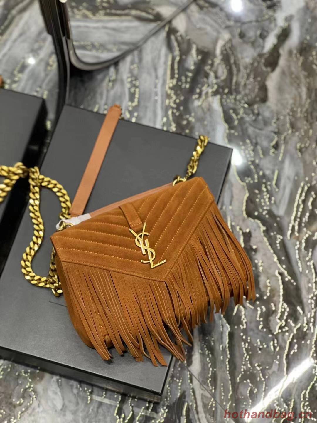 SAINT LAURENT COLLEGE MEDIUM CHAIN BAG IN LIGHT SUEDE WITH FRINGES 5317050 CINNAMON SAINT LAURENT COLLEGE MEDIUM CHAIN BAG IN LIGHT SUEDE WITH FRINGES 5317050 CINNAMON