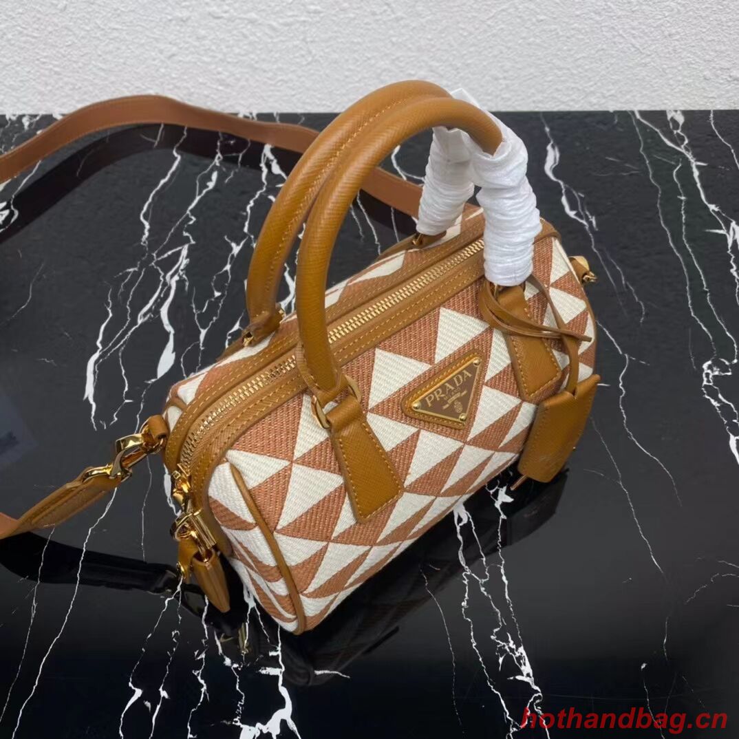 Prada Symbole embroidered jacquard fabric top-handle bag 1BB846 white&brown Prada Symbole embroidered jacquard fabric top-handle bag 1BB846 white&brown