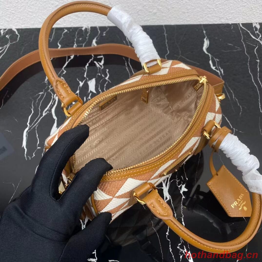 Prada Symbole embroidered jacquard fabric top-handle bag 1BB846 white&brown Prada Symbole embroidered jacquard fabric top-handle bag 1BB846 white&brown