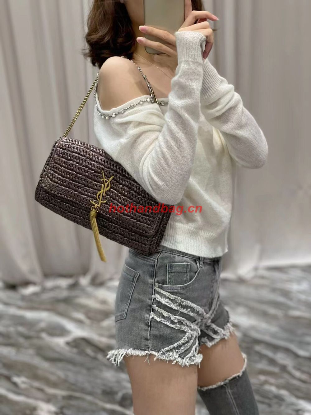 SAINT LAUREN KATE 99 CHAIN BAG WITH TASSEL IN RAFFIA Y664276 Coffee SAINT LAUREN KATE 99 CHAIN BAG WITH TASSEL IN RAFFIA Y664276 Coffee