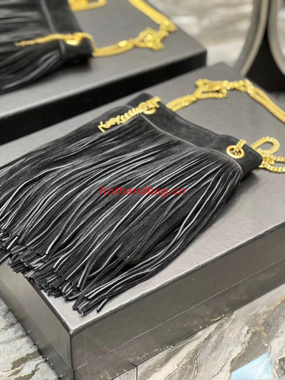 SAINT LAURENT SMALL CHAIN BAG IN LIGHT SUEDE WITH FRINGES 683378 BLACK SAINT LAURENT SMALL CHAIN BAG IN LIGHT SUEDE WITH FRINGES 683378 BLACK