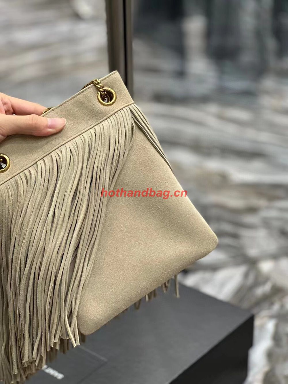 SAINT LAURENT SMALL CHAIN BAG IN LIGHT SUEDE WITH FRINGES 683378 GRAY