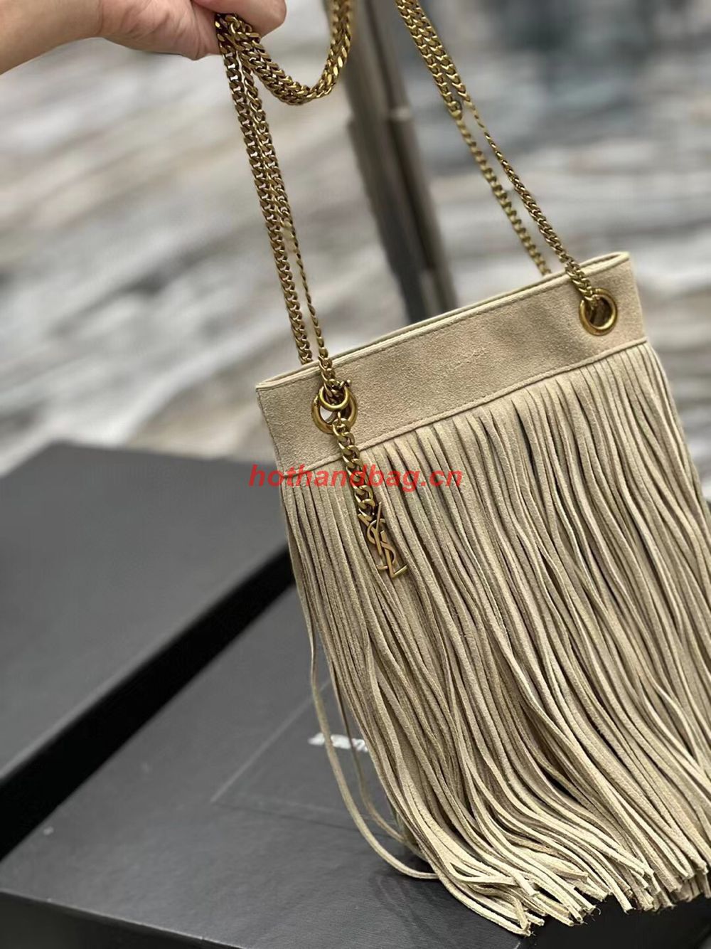 SAINT LAURENT SMALL CHAIN BAG IN LIGHT SUEDE WITH FRINGES 683378 GRAY