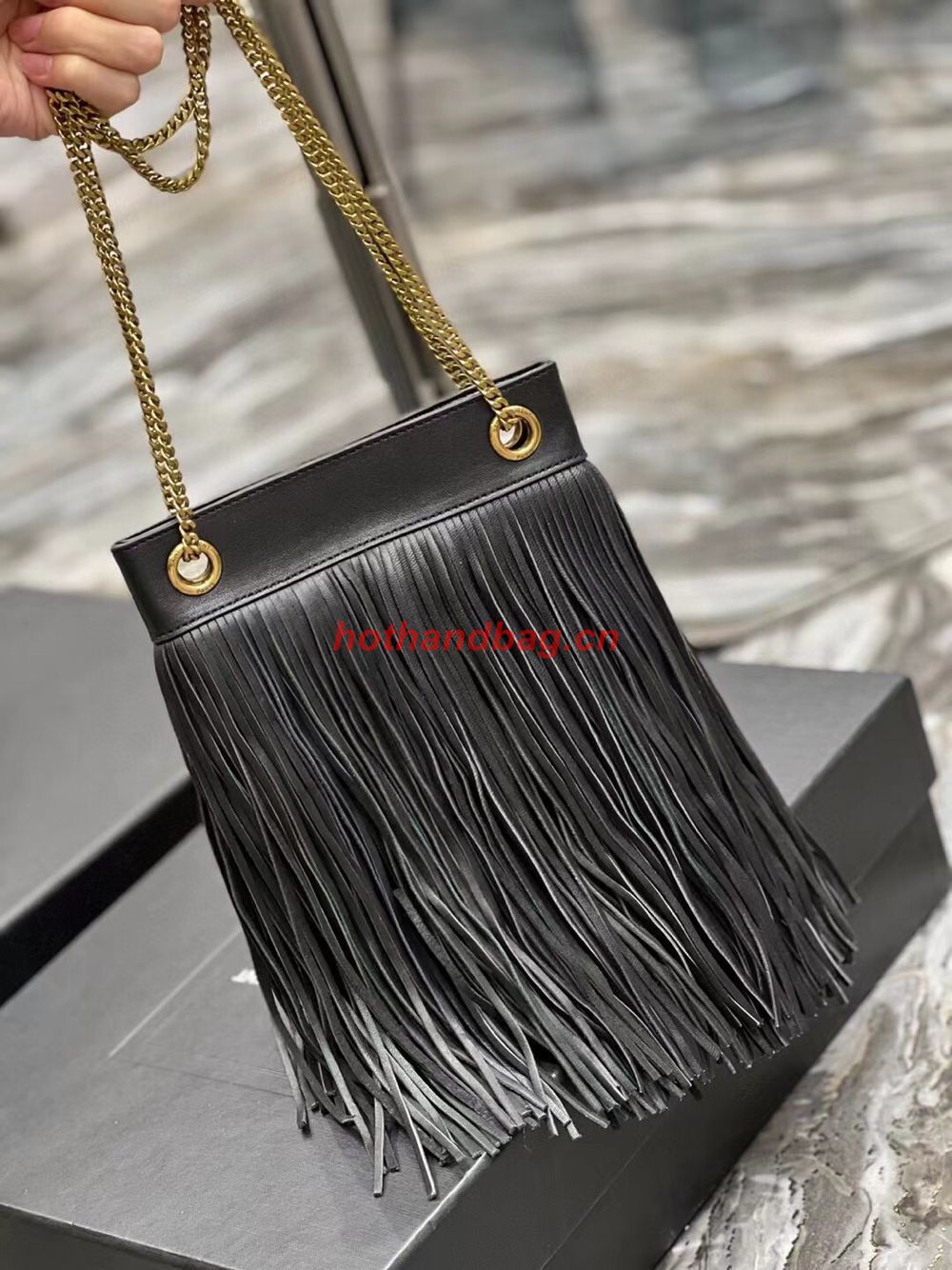 SAINT LAURENT SMALL CHAIN BAG IN SMOOTH LEATHER WITH FRINGES 683378 BLACK SAINT LAURENT SMALL CHAIN BAG IN SMOOTH LEATHER WITH FRINGES 683378 BLACK