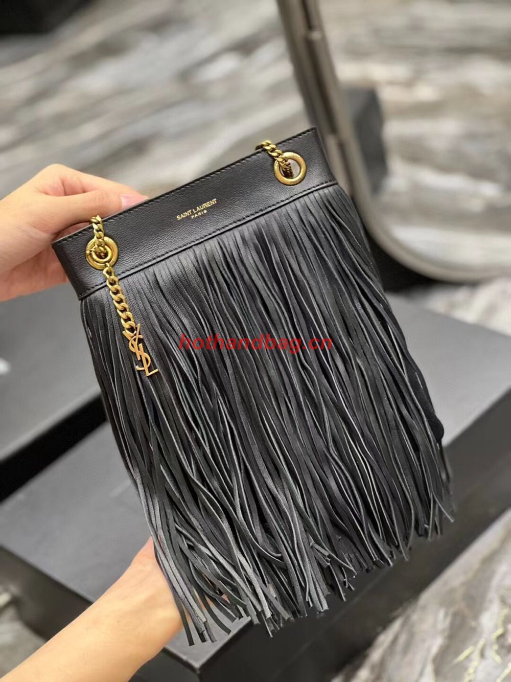 SAINT LAURENT SMALL CHAIN BAG IN SMOOTH LEATHER WITH FRINGES 683378 BLACK SAINT LAURENT SMALL CHAIN BAG IN SMOOTH LEATHER WITH FRINGES 683378 BLACK