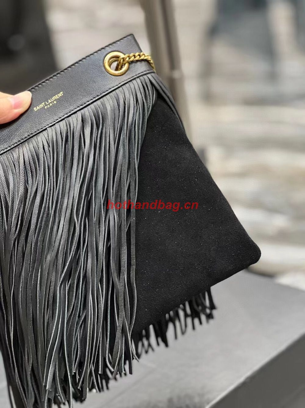 SAINT LAURENT SMALL CHAIN BAG IN SMOOTH LEATHER WITH FRINGES 683378 BLACK SAINT LAURENT SMALL CHAIN BAG IN SMOOTH LEATHER WITH FRINGES 683378 BLACK