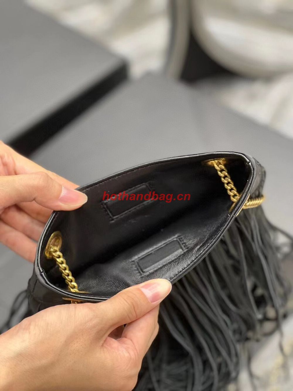 SAINT LAURENT SMALL CHAIN BAG IN SMOOTH LEATHER WITH FRINGES 683378 BLACK SAINT LAURENT SMALL CHAIN BAG IN SMOOTH LEATHER WITH FRINGES 683378 BLACK
